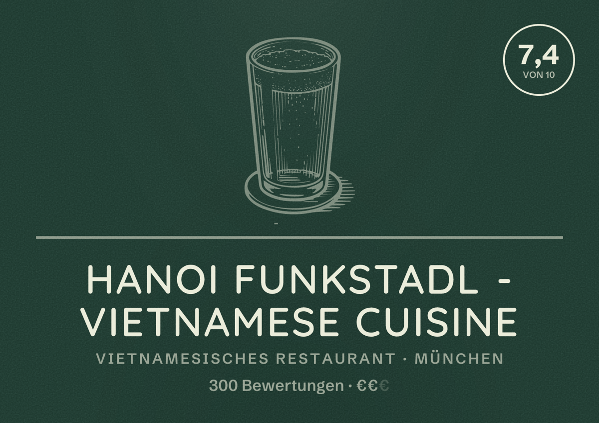 Illustriertes Poster von Hanoi Funkstadl - Vietnamese Cuisine, Vietnamesisches Restaurant in München: Bewertung 7,4 von 10 aus 300 Bewertungen, Preisniveau €€