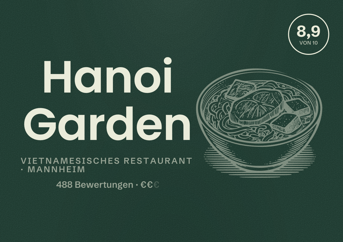 Illustriertes Poster von Hanoi Garden, Vietnamesisches Restaurant in Mannheim: Bewertung 8,9 von 10 aus 488 Bewertungen, Preisniveau €€