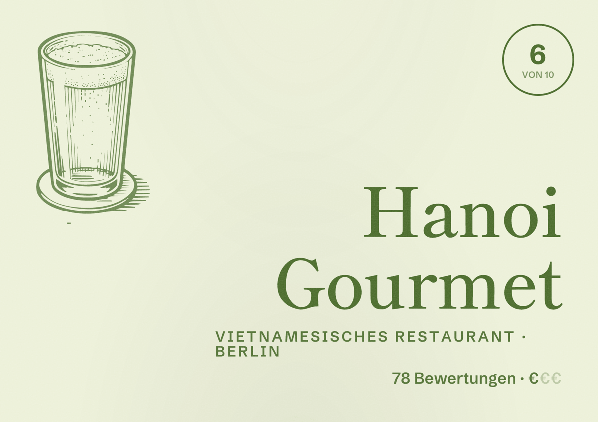 Illustriertes Poster von Hanoi Gourmet, Vietnamesisches Restaurant in Berlin: Bewertung 6,0 von 10 aus 78 Bewertungen, Preisniveau €