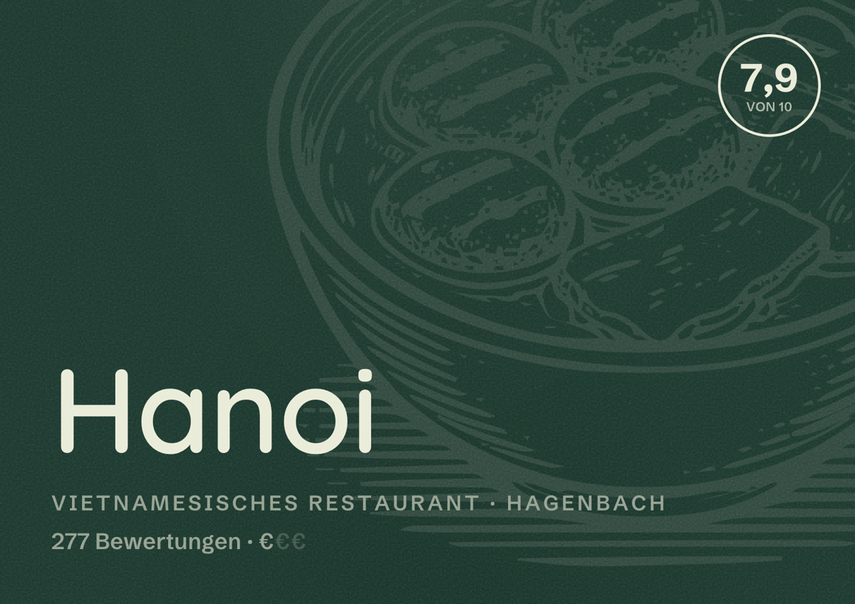 Illustriertes Poster von Hanoi, Vietnamesisches Restaurant in Hagenbach: Bewertung 7,9 von 10 aus 277 Bewertungen, Preisniveau €