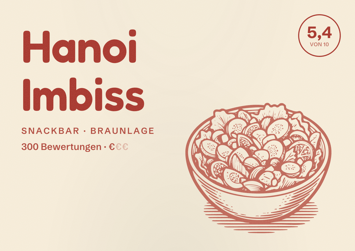 Illustriertes Poster von Hanoi Imbiss, Snackbar in Braunlage: Bewertung 5,4 von 10 aus 300 Bewertungen, Preisniveau €