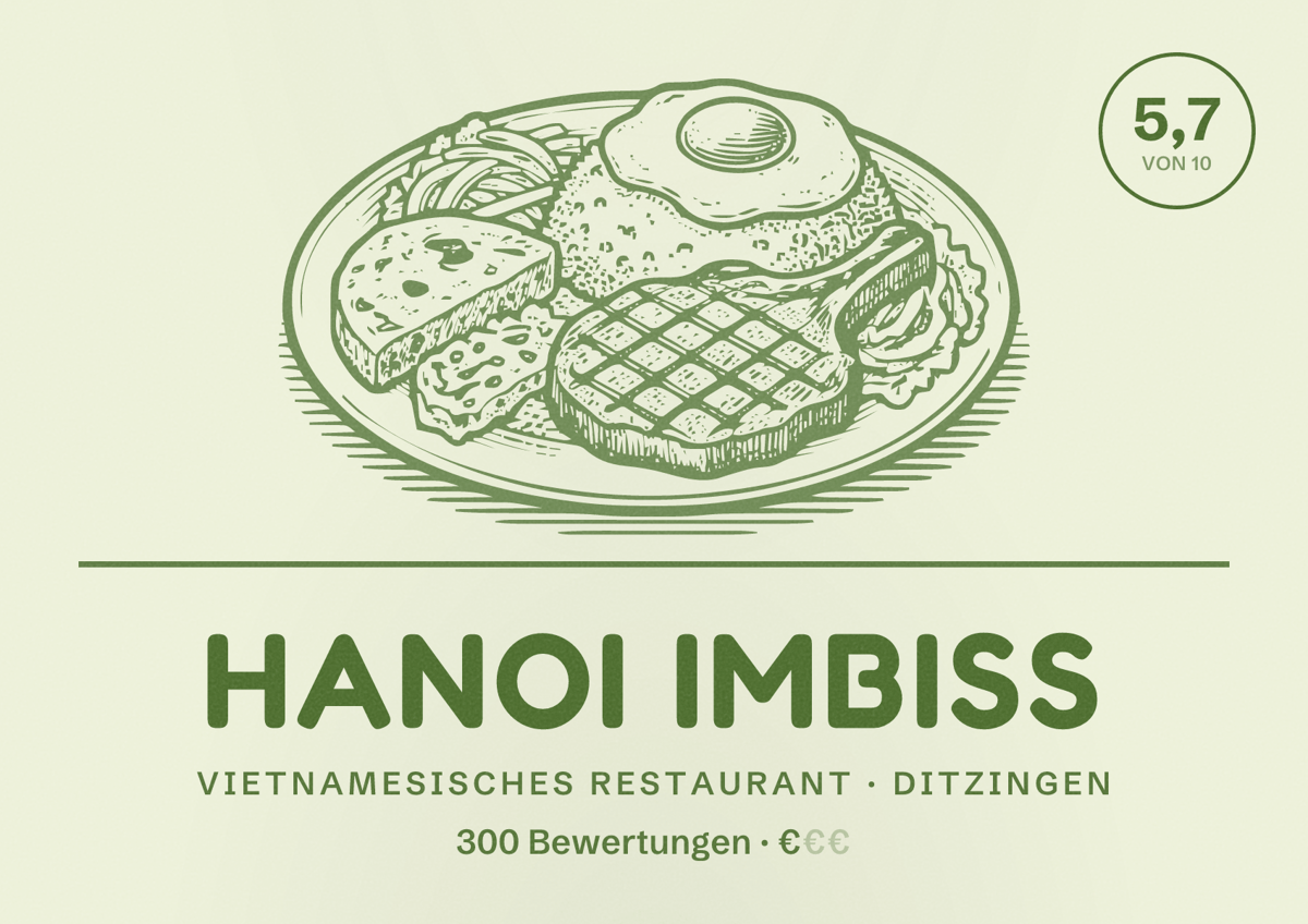 Illustriertes Poster von Hanoi Imbiss, Vietnamesisches Restaurant in Ditzingen: Bewertung 5,7 von 10 aus 300 Bewertungen, Preisniveau €