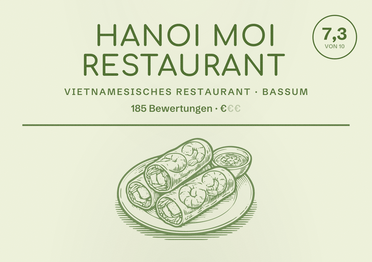 Illustriertes Poster von Hanoi Moi Restaurant, Vietnamesisches Restaurant in Bassum: Bewertung 7,3 von 10 aus 185 Bewertungen, Preisniveau €
