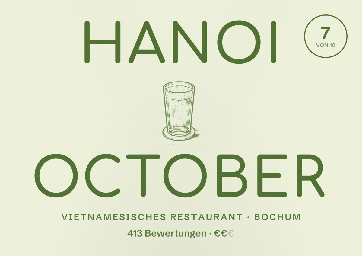 Illustriertes Poster von Hanoi October, Vietnamesisches Restaurant in Bochum: Bewertung 7 von 10 aus 413 Bewertungen, Preisniveau €€