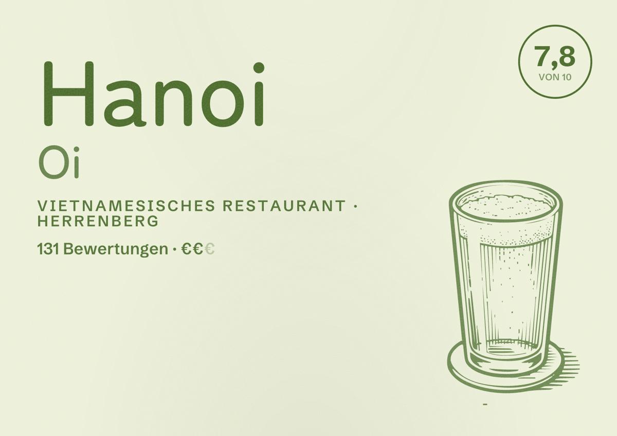 Illustriertes Poster von Hanoi Oi, Vietnamesisches Restaurant in Herrenberg: Bewertung 7,8 von 10 aus 131 Bewertungen, Preisniveau €€