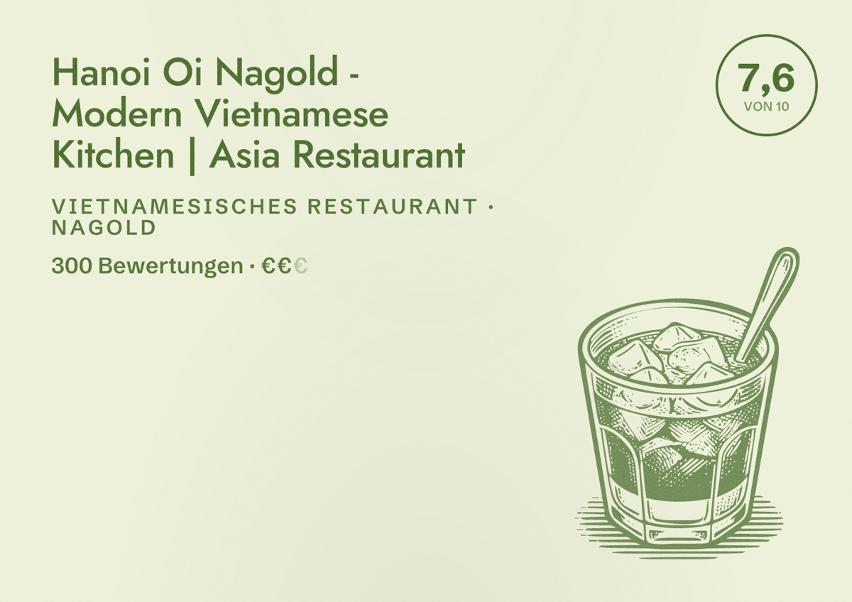 Illustriertes Poster von Hanoi Oi Nagold - Modern Vietnamese Kitchen | Asia Restaurant, Vietnamesisches Restaurant in Nagold: Bewertung 7,6 von 10 aus 300 Bewertungen, Preisniveau €€