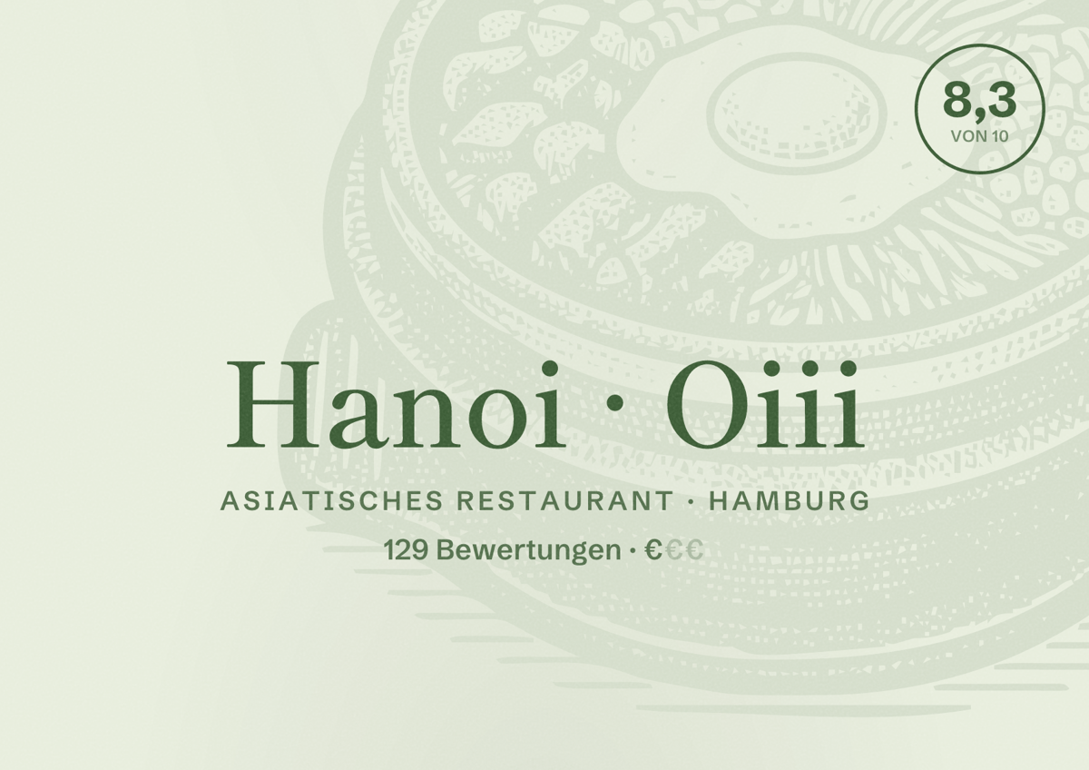 Illustriertes Poster von Hanoi Oiii, Asiatisches Restaurant in Hamburg: Bewertung 8,3 von 10 aus 129 Bewertungen, Preisniveau €