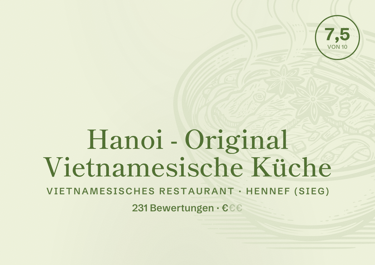 Illustriertes Poster von Hanoi - Original Vietnamesische Küche, Vietnamesisches Restaurant in Hennef (Sieg): Bewertung 7,5 von 10 aus 231 Bewertungen, Preisniveau €