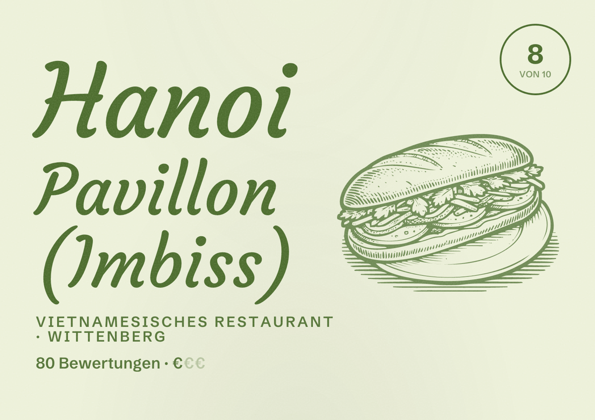 Illustriertes Poster von Hanoi Pavillon (Imbiss), Vietnamesisches Restaurant in Wittenberg: Bewertung 8 von 10 aus 80 Bewertungen, Preisniveau €