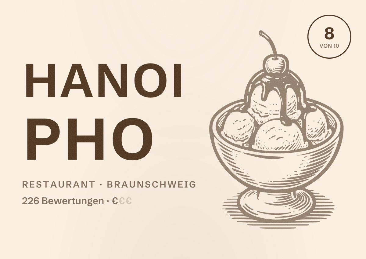 Illustriertes Poster von Hanoi Pho, Restaurant in Braunschweig: Bewertung 8 von 10 aus 226 Bewertungen, Preisniveau €