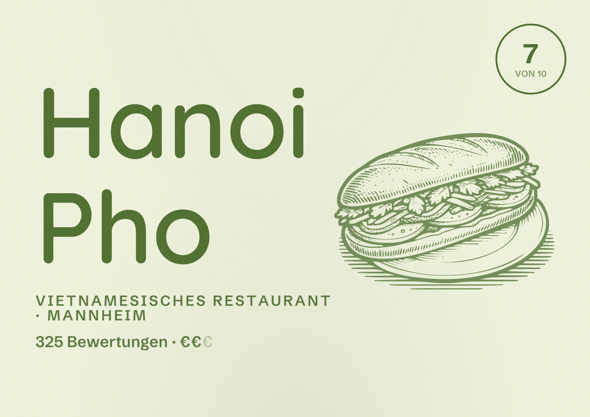 Illustriertes Poster von Hanoi Pho, Vietnamesisches Restaurant in Mannheim: Bewertung 7 von 10 aus 325 Bewertungen, Preisniveau €€