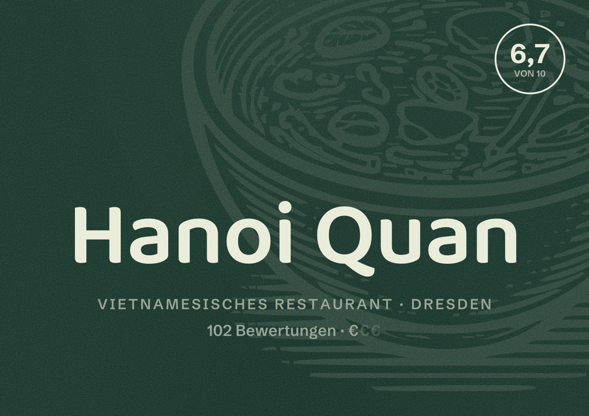 Illustriertes Poster von Hanoi Quan, Vietnamesisches Restaurant in Dresden: Bewertung 6,7 von 10 aus 102 Bewertungen, Preisniveau €