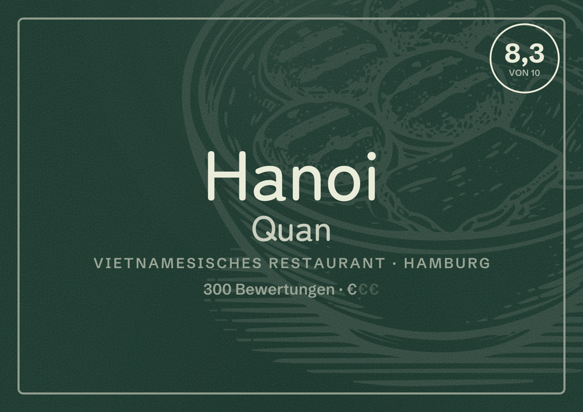 Illustriertes Poster von Hanoi Quan, Vietnamesisches Restaurant in Hamburg: Bewertung 8,3 von 10 aus 300 Bewertungen, Preisniveau €