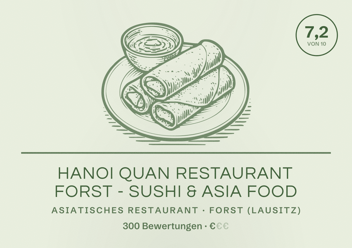Illustriertes Poster von Hanoi Quan Restaurant Forst - Sushi & Asia Food, Asiatisches Restaurant in Forst (Lausitz): Bewertung 7,2 von 10 aus 300 Bewertungen, Preisniveau €