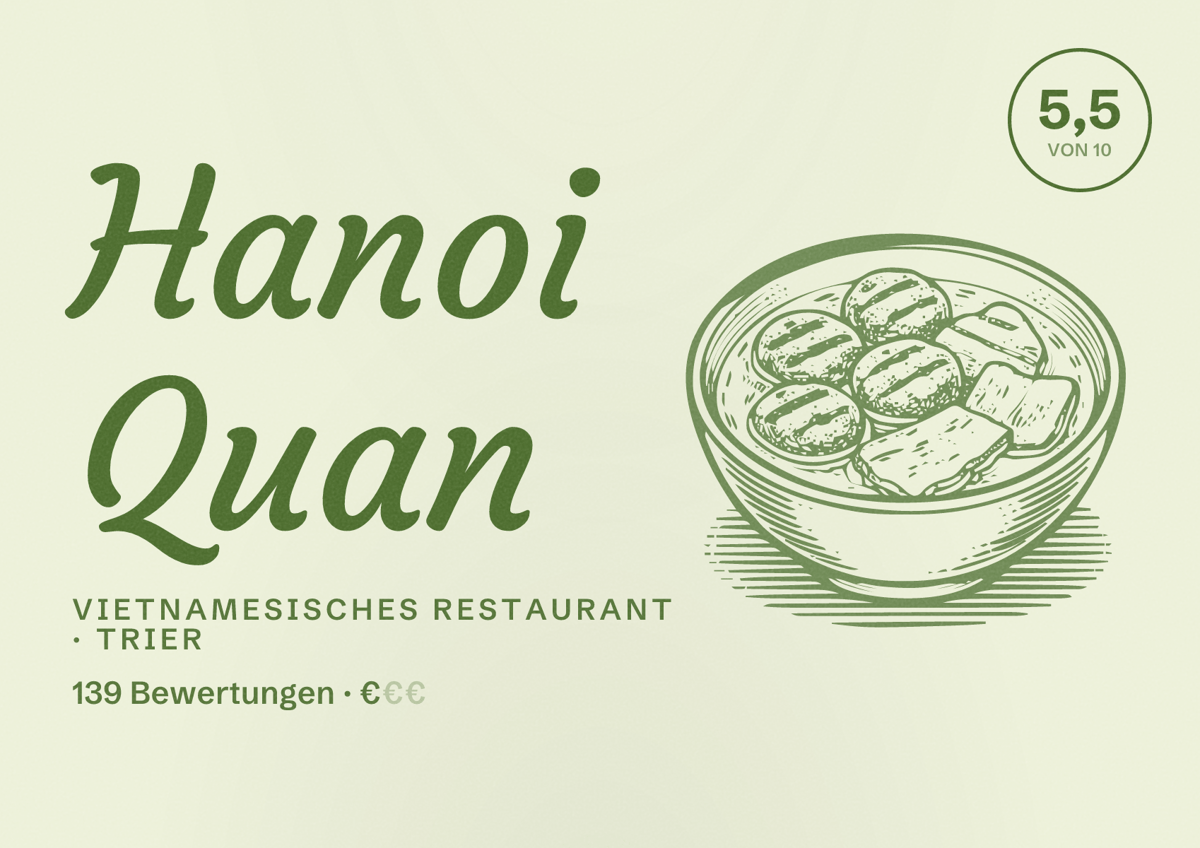 Illustriertes Poster von Hanoi Quan, Vietnamesisches Restaurant in Trier: Bewertung 5,5 von 10 aus 139 Bewertungen, Preisniveau €