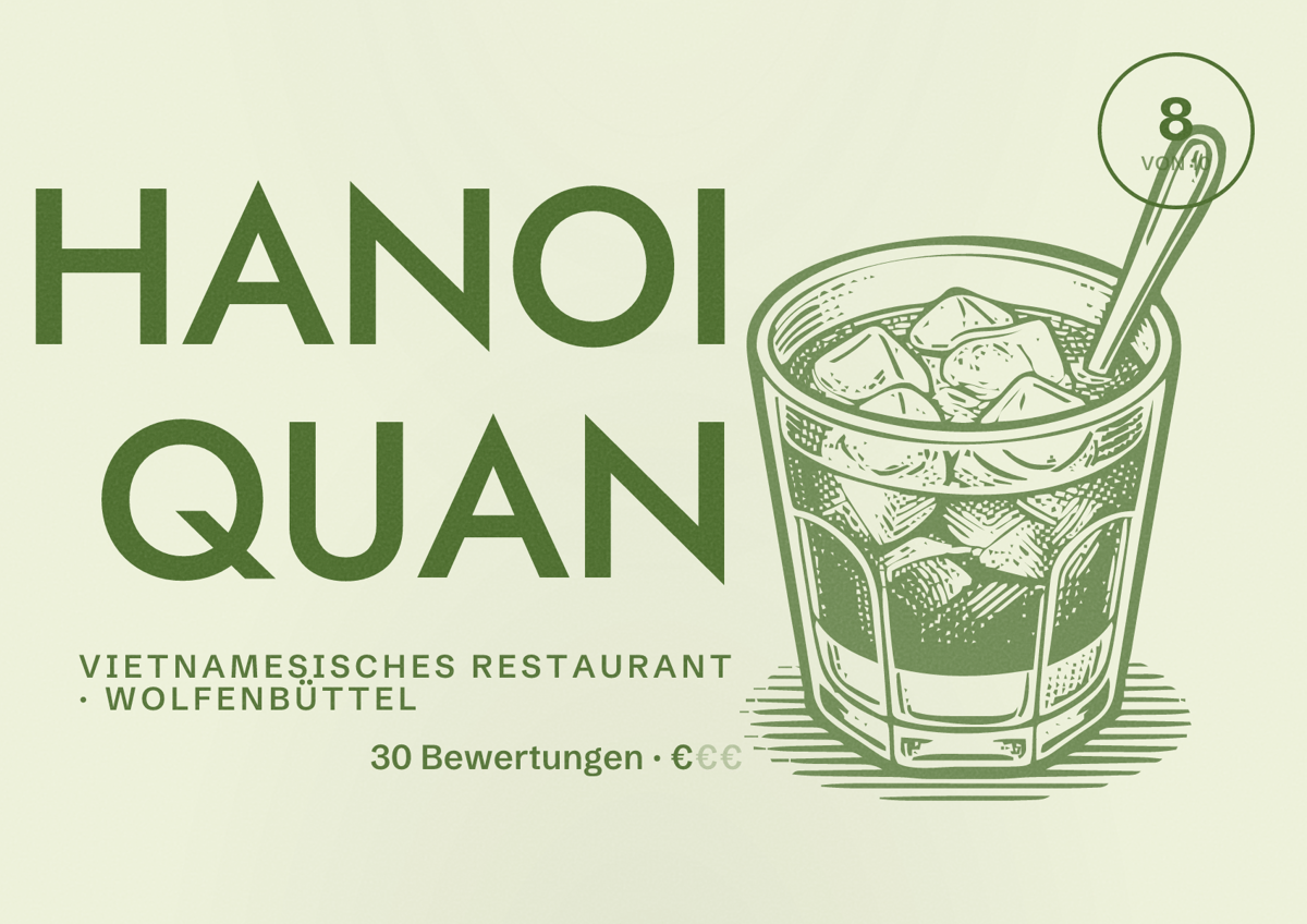 Illustriertes Poster von HANOI QUAN, Vietnamesisches Restaurant in Wolfenbüttel: Bewertung 8 von 10 aus 30 Bewertungen, Preisniveau €