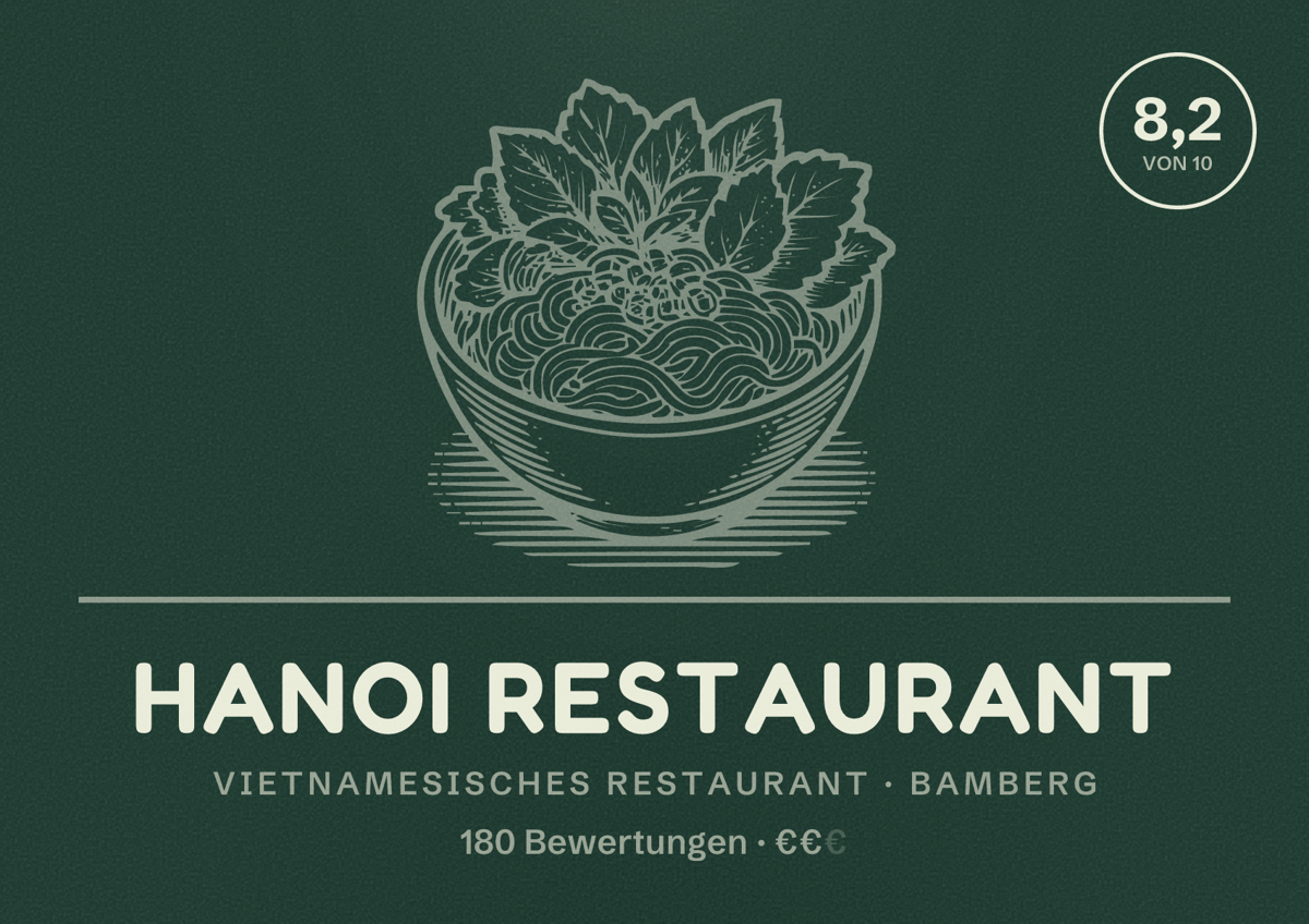 Illustriertes Poster von Hanoi Restaurant, Vietnamesisches Restaurant in Bamberg: Bewertung 8,2 von 10 aus 180 Bewertungen, Preisniveau €€