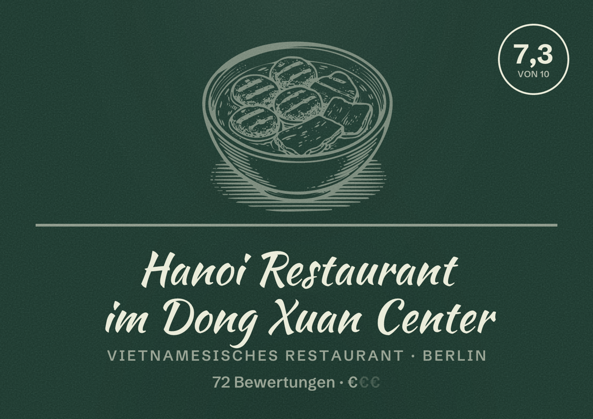 Illustriertes Poster von Hanoi Restaurant im Dong Xuan Center, Vietnamesisches Restaurant in Berlin: Bewertung 7,3 von 10 aus 72 Bewertungen, Preisniveau €