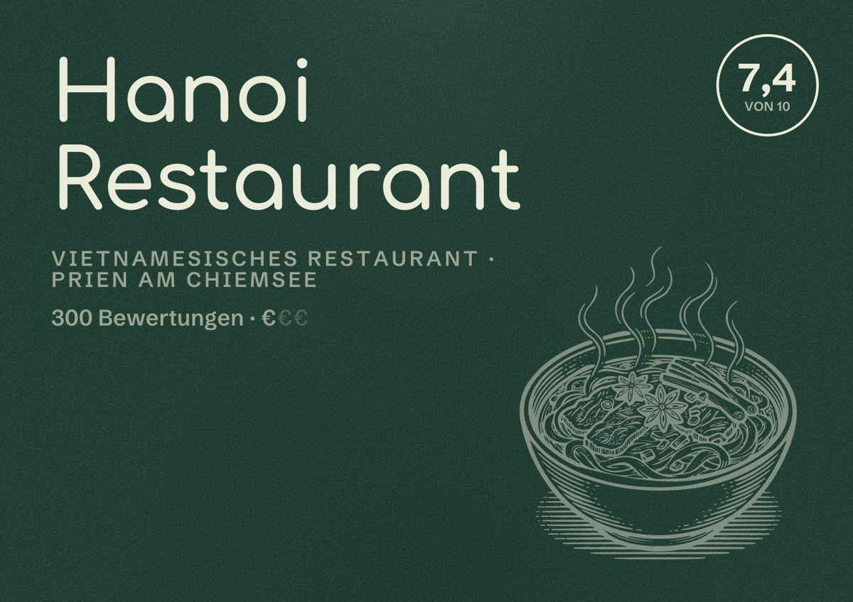 Illustriertes Poster von Hanoi Restaurant, Vietnamesisches Restaurant in Prien am Chiemsee: Bewertung 7,4 von 10 aus 300 Bewertungen, Preisniveau €