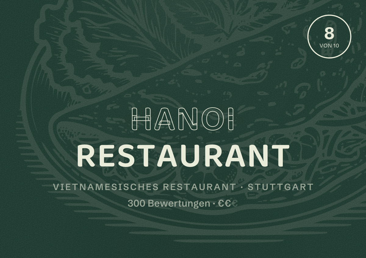 Illustriertes Poster von Hanoi Restaurant, Vietnamesisches Restaurant in Stuttgart: Bewertung 8,0 von 10 aus 300 Bewertungen, Preisniveau €€