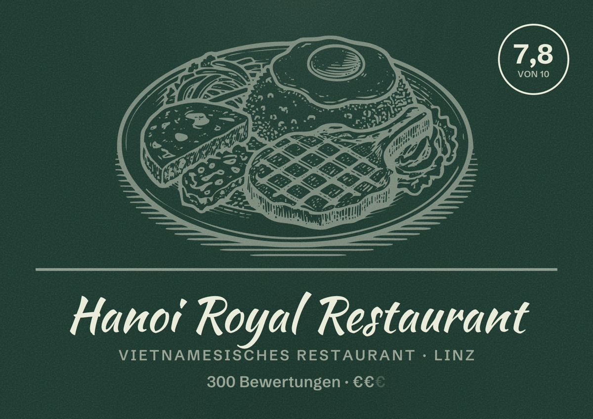 Illustriertes Poster von Hanoi Royal Restaurant, Vietnamesisches Restaurant in Linz: Bewertung 7,8 von 10 aus 300 Bewertungen, Preisniveau €€