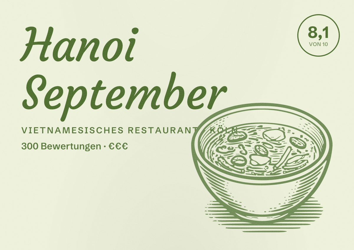 Illustriertes Poster von Hanoi September, Vietnamesisches Restaurant in Köln: Bewertung 8,1 von 10 aus 300 Bewertungen, Preisniveau €€€