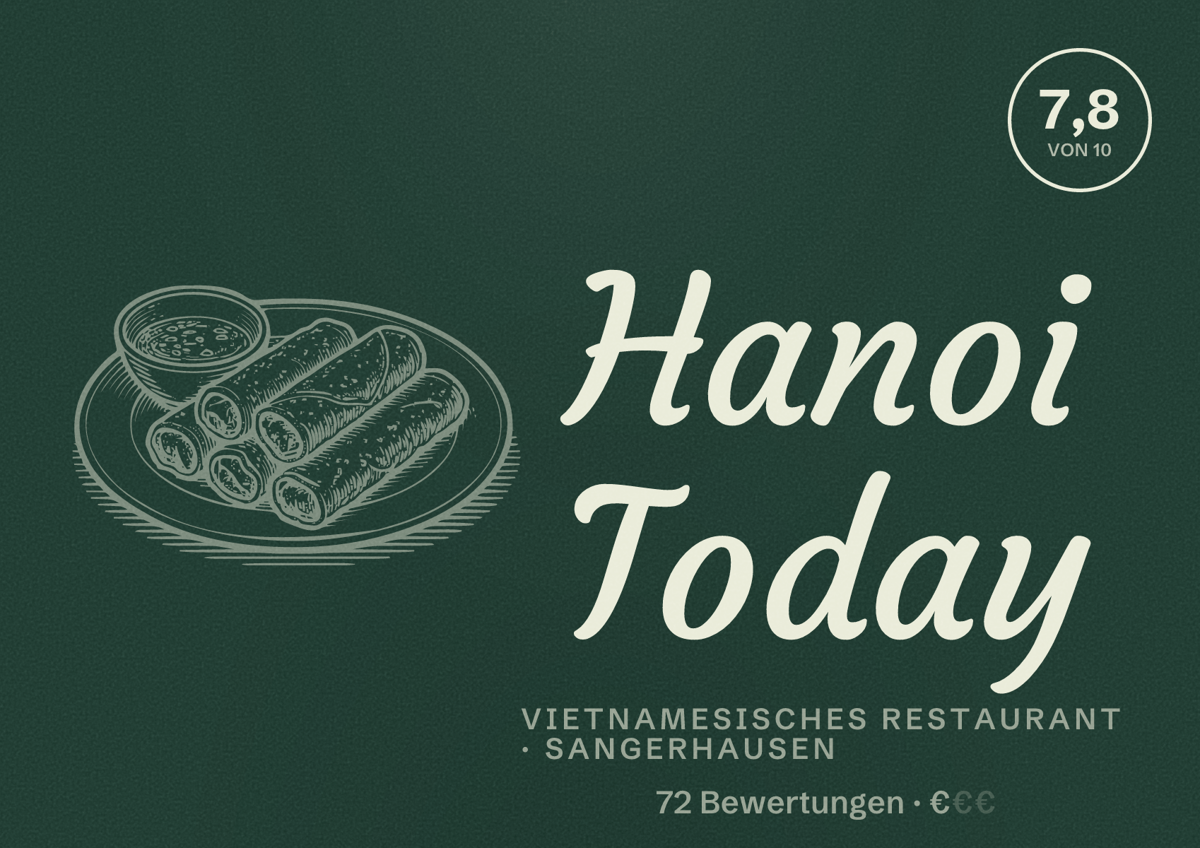 Illustriertes Poster von Hanoi Today, Vietnamesisches Restaurant in Sangerhausen: Bewertung 7,8 von 10 aus 72 Bewertungen, Preisniveau €
