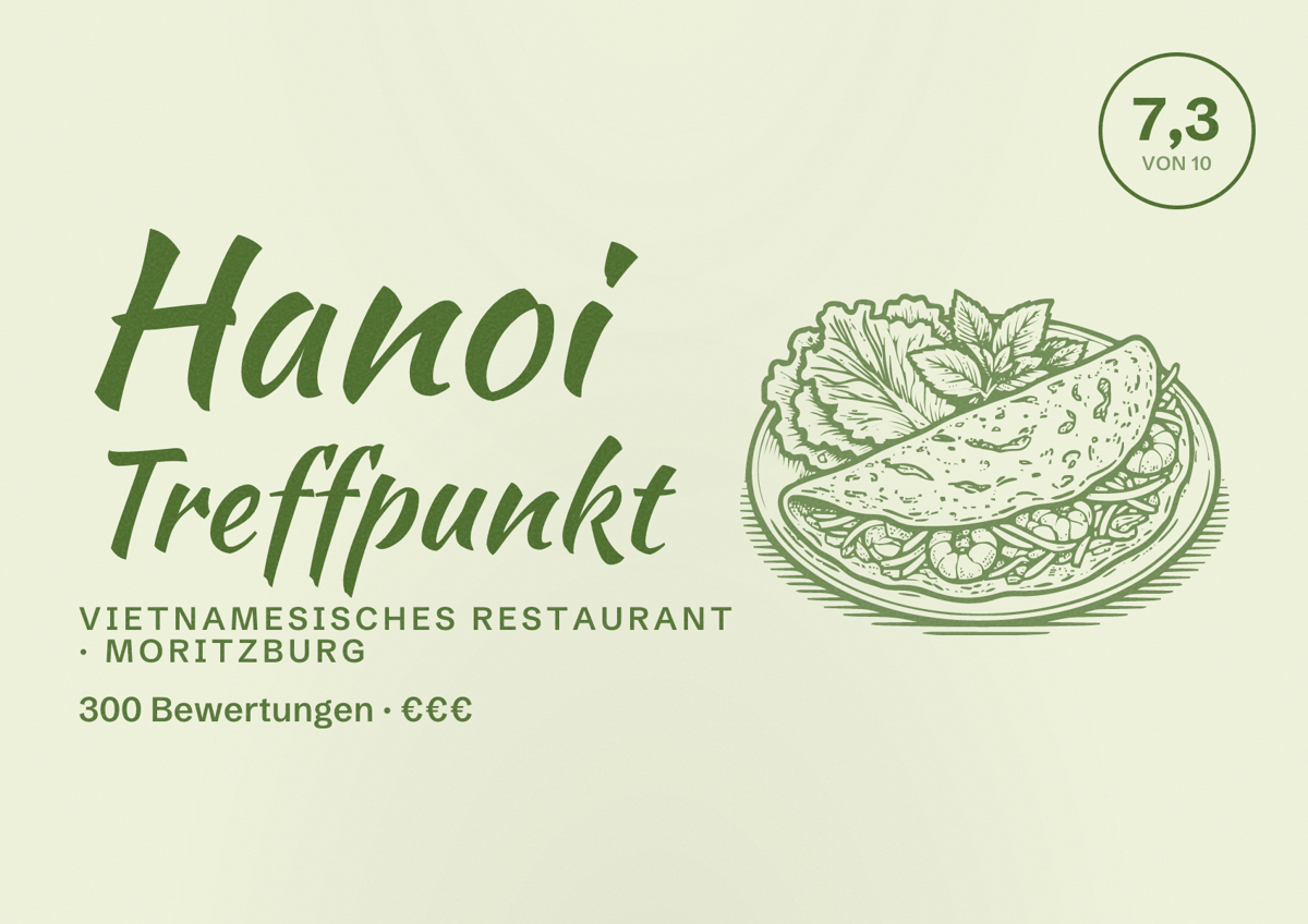 Illustriertes Poster von Hanoi Treffpunkt, Vietnamesisches Restaurant in Moritzburg: Bewertung 7,3 von 10 aus 300 Bewertungen, Preisniveau €€€
