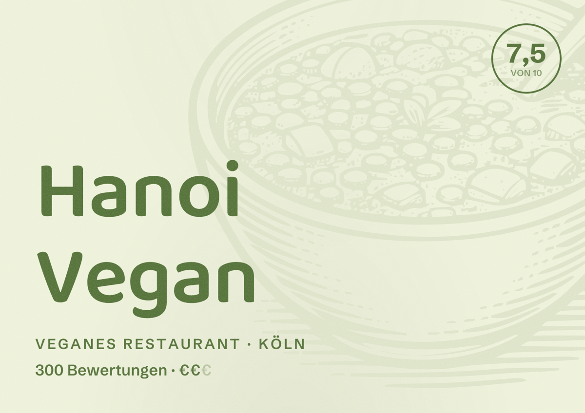 Illustriertes Poster von Hanoi Vegan, Veganes Restaurant in Köln: Bewertung 7,5 von 10 aus 300 Bewertungen, Preisniveau €€