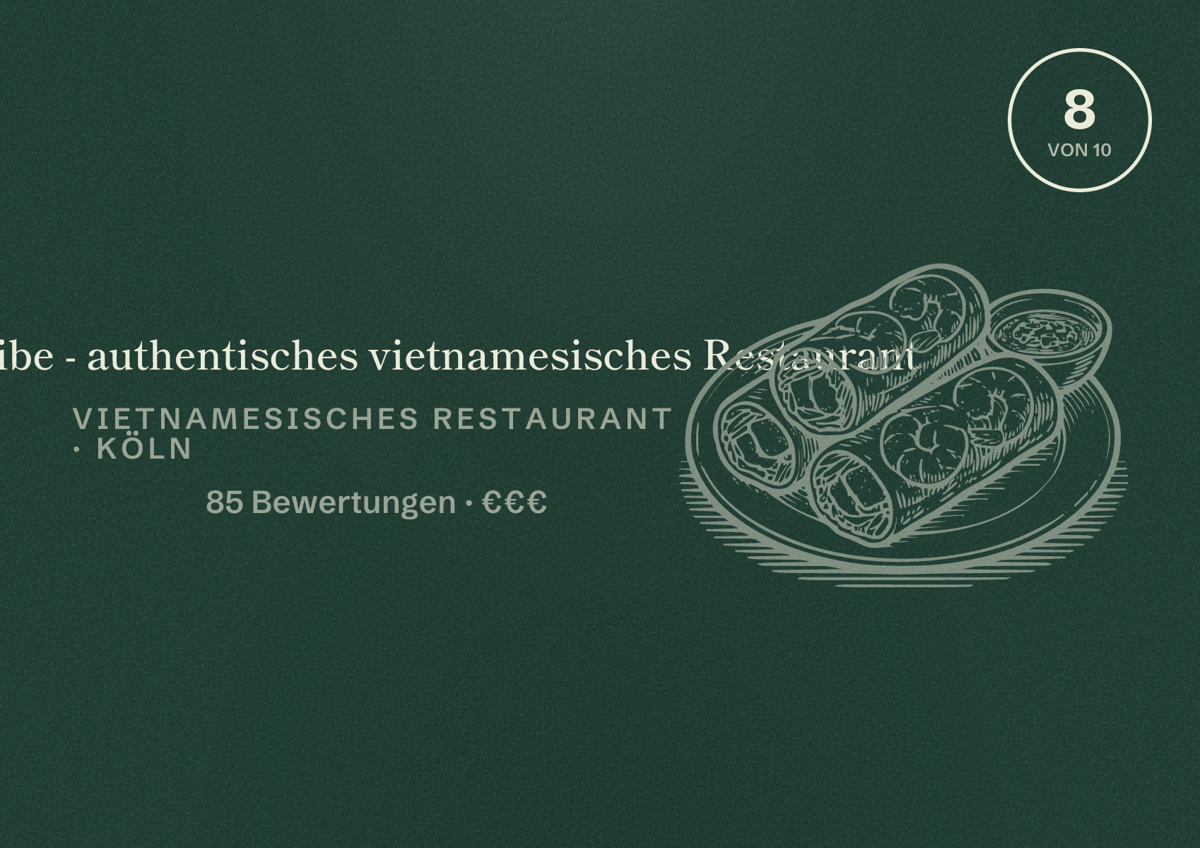 Illustriertes Poster von Hanoi Vibe - authentisches vietnamesisches Restaurant, Vietnamesisches Restaurant in Köln: Bewertung 8 von 10 aus 85 Bewertungen, Preisniveau €€€