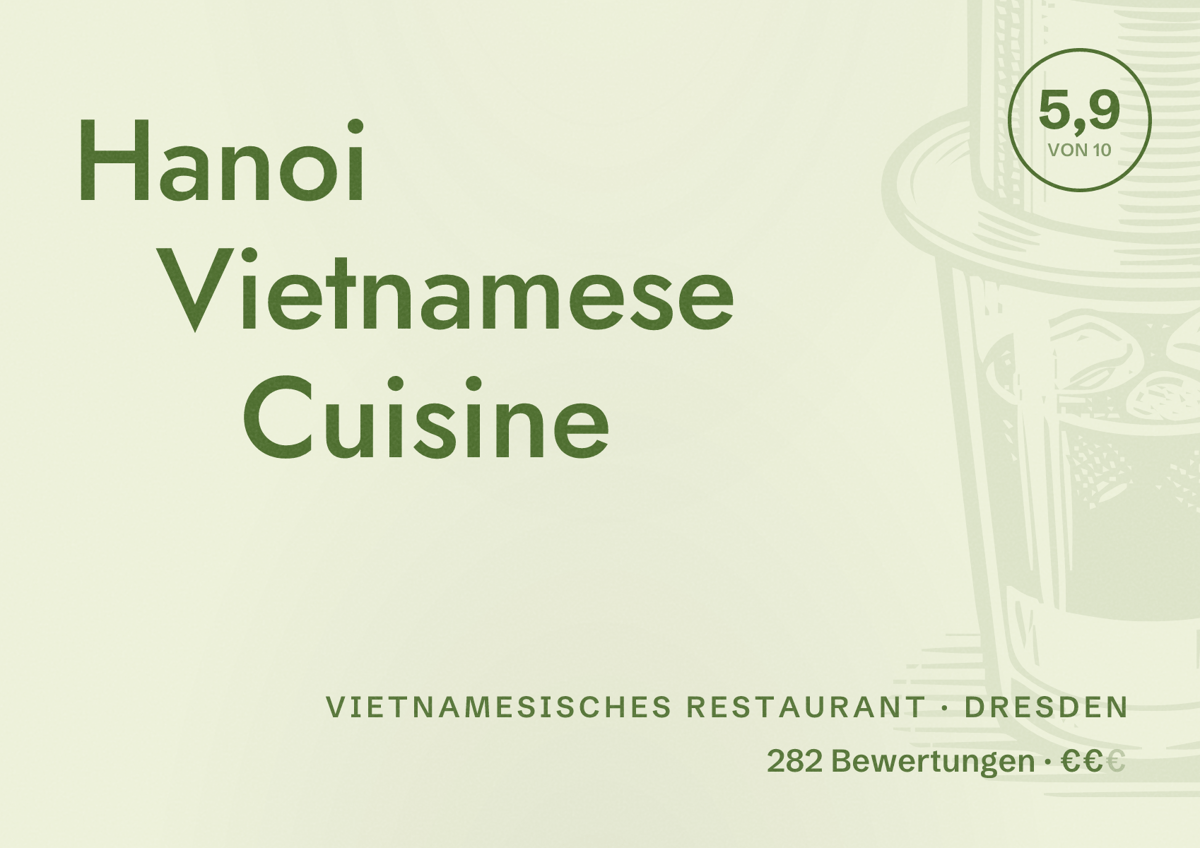 Illustriertes Poster von Hanoi Vietnamese Cuisine, Vietnamesisches Restaurant in Dresden: Bewertung 5,9 von 10 aus 282 Bewertungen, Preisniveau €€