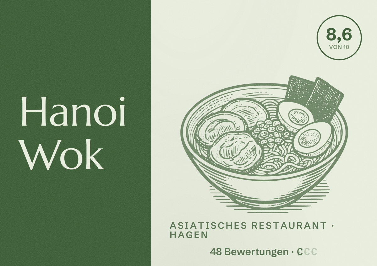 Illustriertes Poster von Hanoi Wok, Asiatisches Restaurant in Hagen: Bewertung 8,6 von 10 aus 48 Bewertungen, Preisniveau €