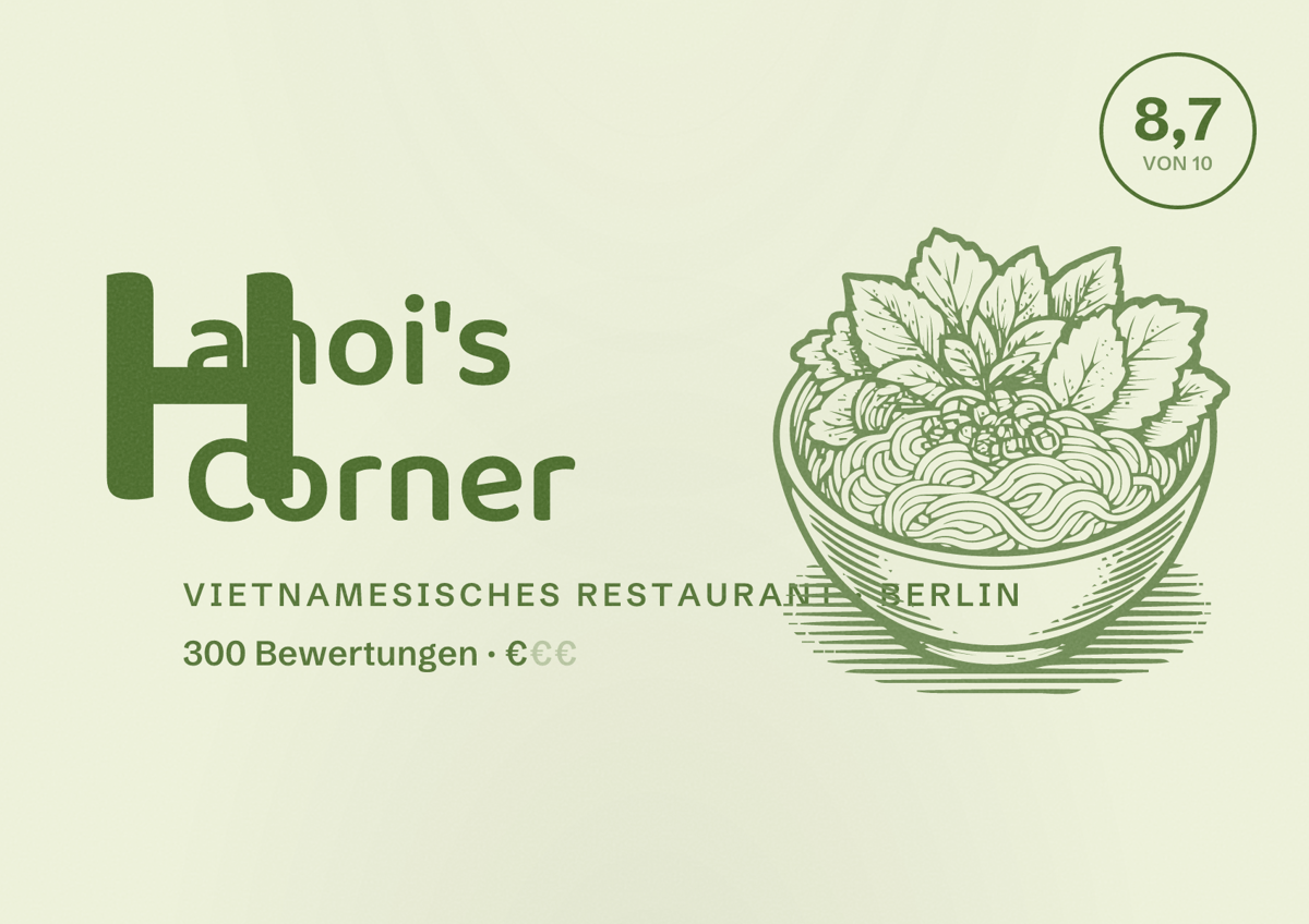 Illustriertes Poster von Hanoi's Corner, Vietnamesisches Restaurant in Berlin: Bewertung 8,7 von 10 aus 300 Bewertungen, Preisniveau €