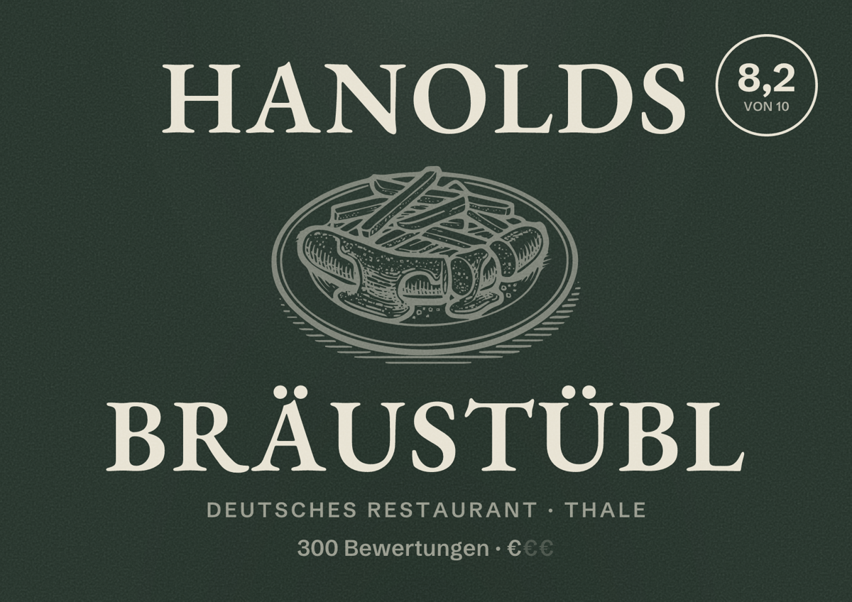 Illustriertes Poster von Hanolds Bräustübl, Deutsches Restaurant in Thale: Bewertung 8,2 von 10 aus 300 Bewertungen, Preisniveau €