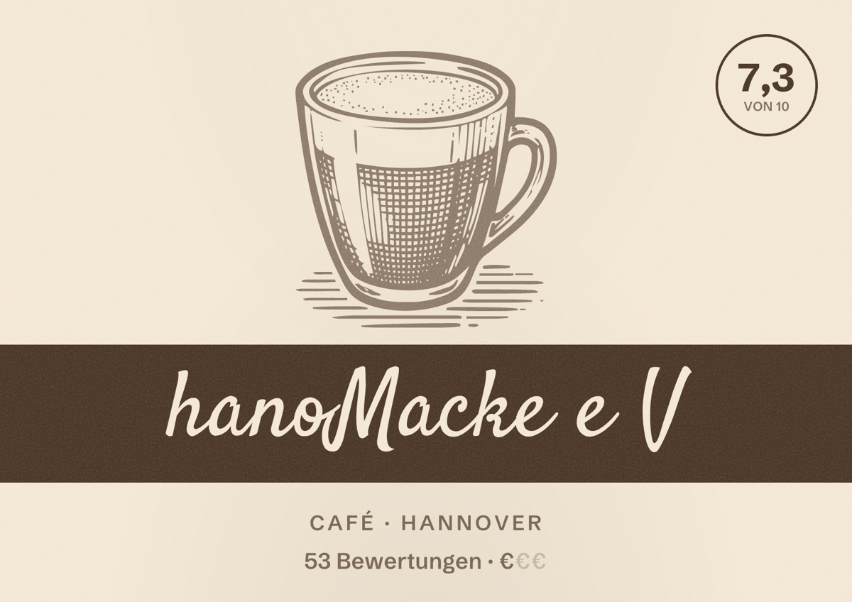 Illustriertes Poster von hanoMacke e V, Café in Hannover: Bewertung 7,3 von 10 aus 53 Bewertungen, Preisniveau €