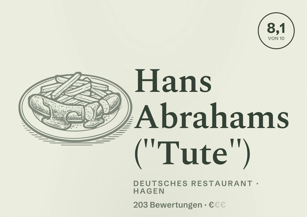 Illustriertes Poster von Hans Abrahams ("Tute"), Deutsches Restaurant in Hagen: Bewertung 8,1 von 10 aus 203 Bewertungen, Preisniveau €