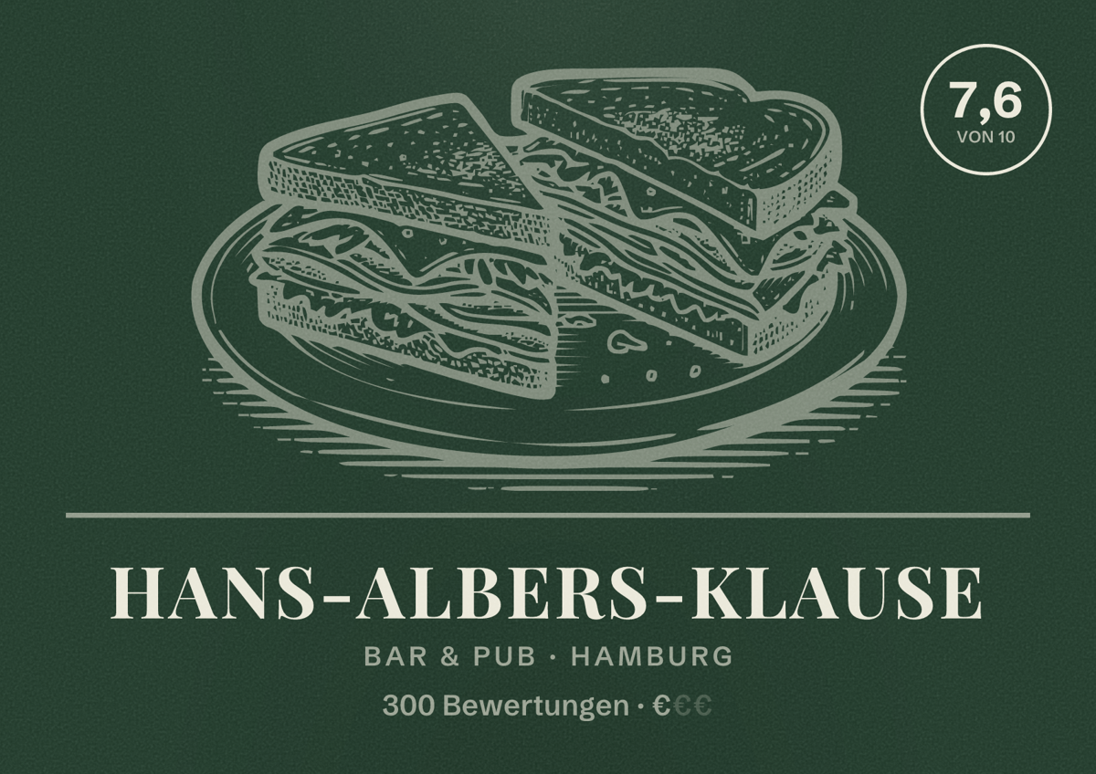 Illustriertes Poster von Hans-Albers-Klause, Bar & Pub in Hamburg: Bewertung 7,6 von 10 aus 300 Bewertungen, Preisniveau €