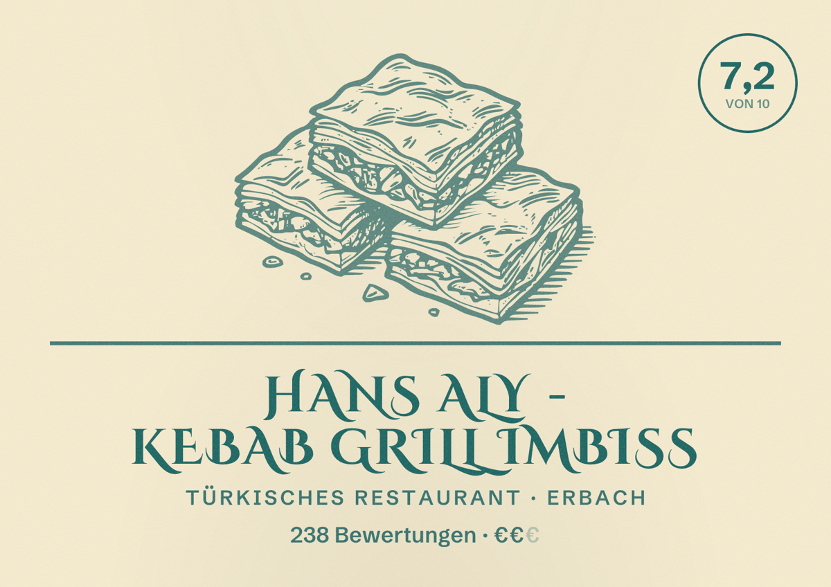 Illustriertes Poster von Hans Aly - Kebab Grill Imbiss, Türkisches Restaurant in Erbach: Bewertung 7,2 von 10 aus 238 Bewertungen, Preisniveau €€