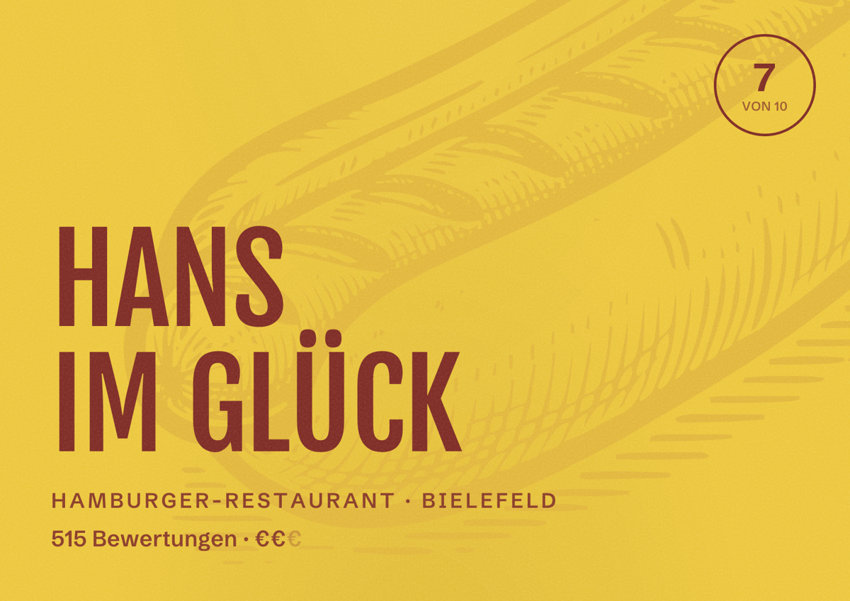 Illustriertes Poster von HANS IM GLÜCK, Hamburger-Restaurant in Bielefeld: Bewertung 7 von 10 aus 515 Bewertungen, Preisniveau €€