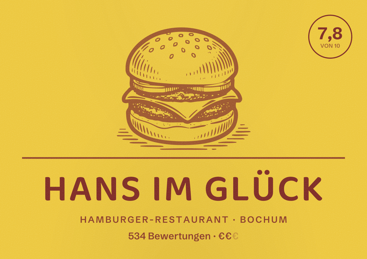 Illustriertes Poster von HANS IM GLÜCK, Hamburger-Restaurant in Bochum: Bewertung 7,8 von 10 aus 534 Bewertungen, Preisniveau €€