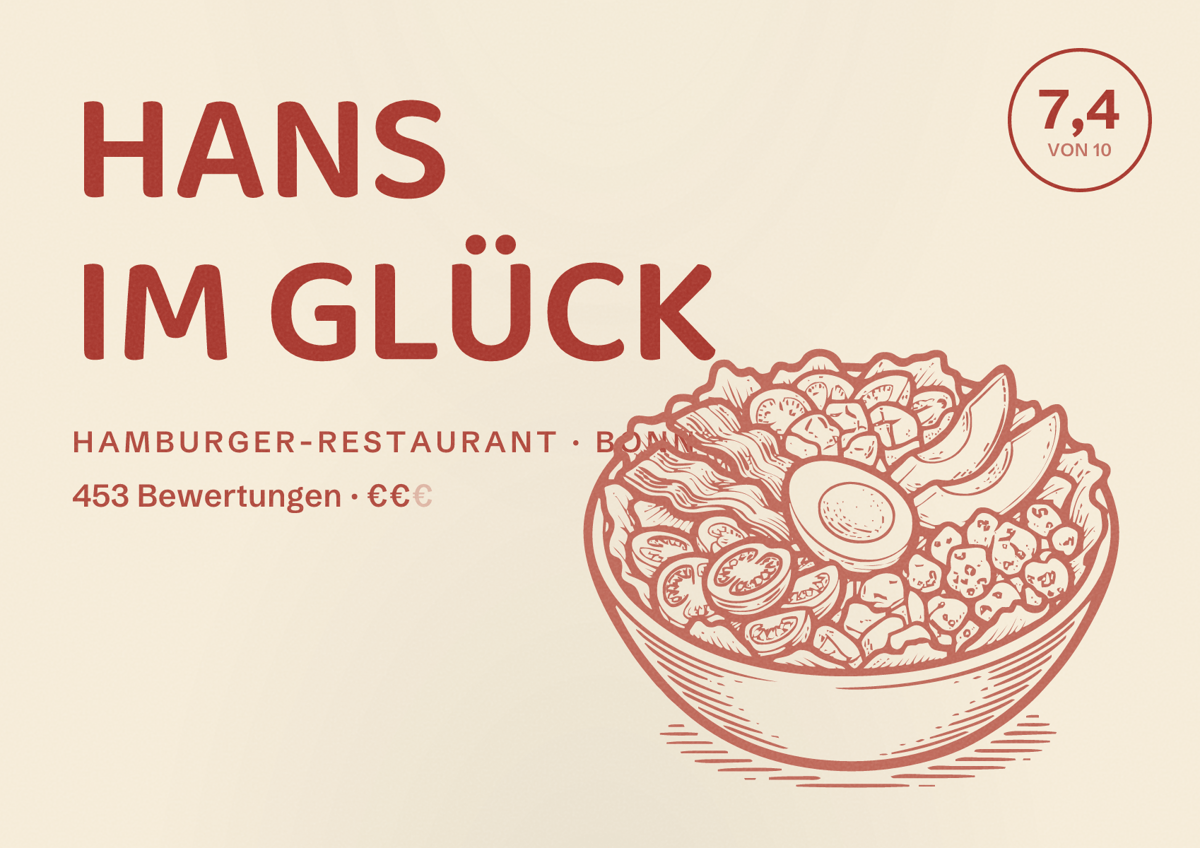 Illustriertes Poster von HANS IM GLÜCK, Hamburger-Restaurant in Bonn: Gästebewertung 7,4 von 10 aus 453 Bewertungen