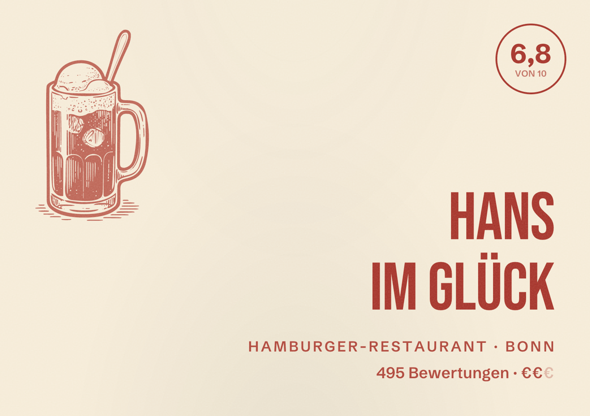 Illustriertes Poster von HANS IM GLÜCK, Hamburger-Restaurant in Bonn: Bewertung 6,8 von 10 aus 495 Bewertungen, Preisniveau €€