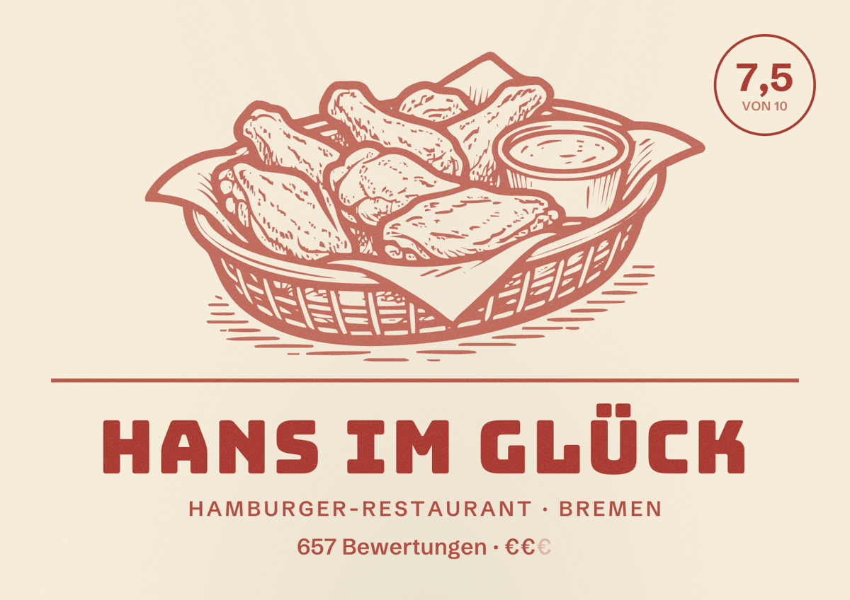 Illustriertes Poster von HANS IM GLÜCK, Hamburger-Restaurant in Bremen: Bewertung 7,5 von 10 aus 657 Bewertungen, Preisniveau €€