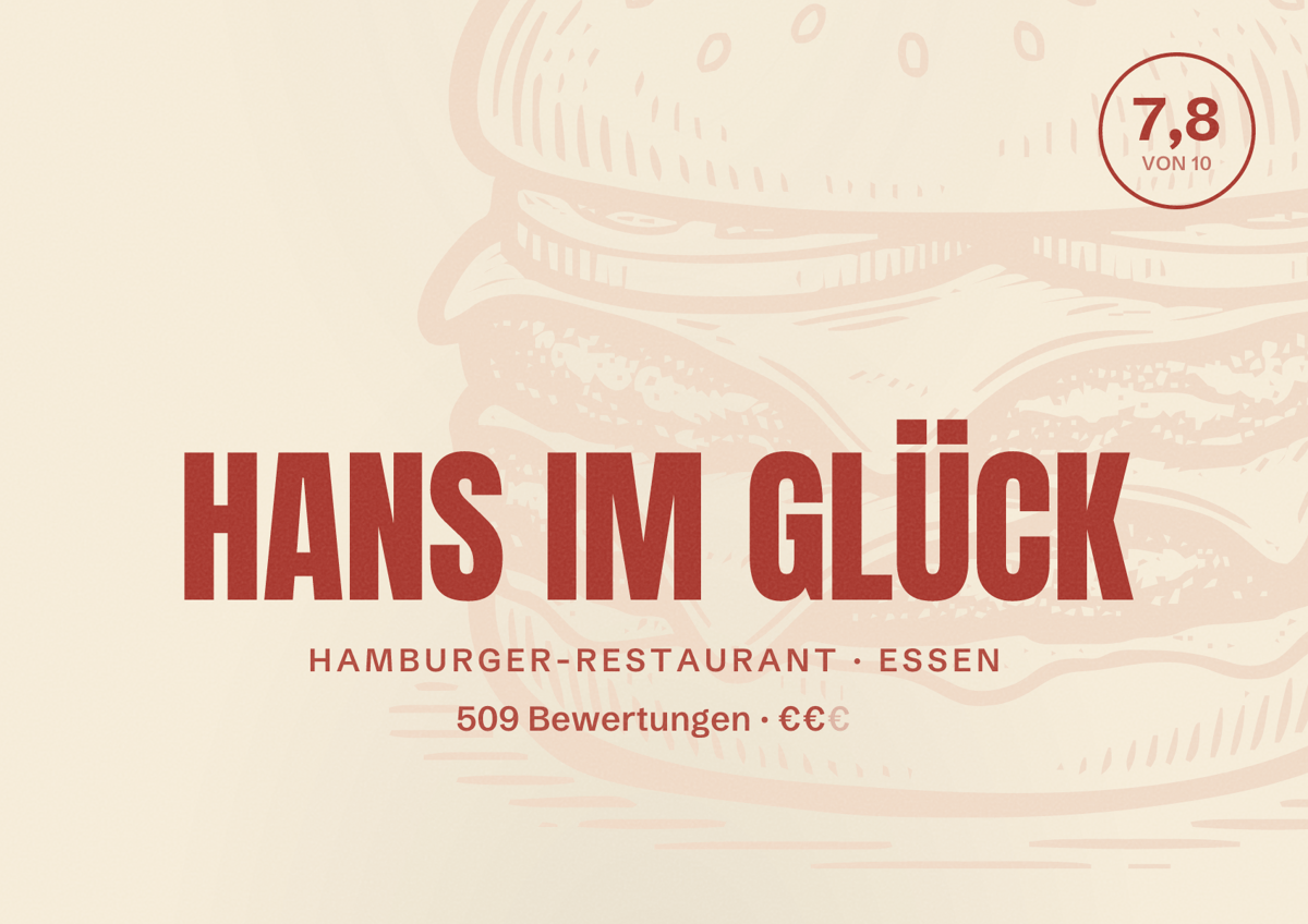 Illustriertes Poster von HANS IM GLÜCK, Hamburger-Restaurant in Essen: Bewertung 7,8 von 10 aus 509 Bewertungen, Preisniveau €€