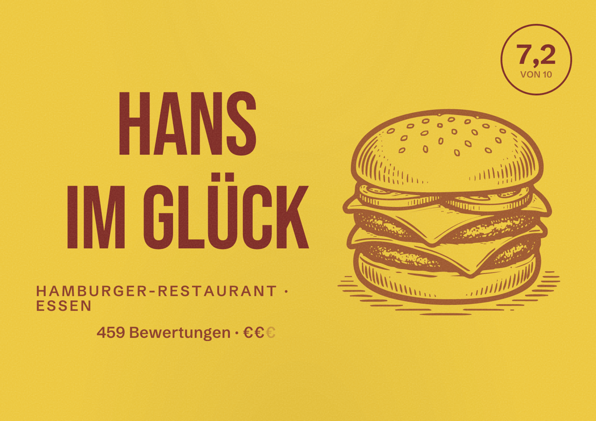 Illustriertes Poster von HANS IM GLÜCK, Hamburger-Restaurant in Essen: Bewertung 7,2 von 10 aus 459 Bewertungen, Preisniveau €€