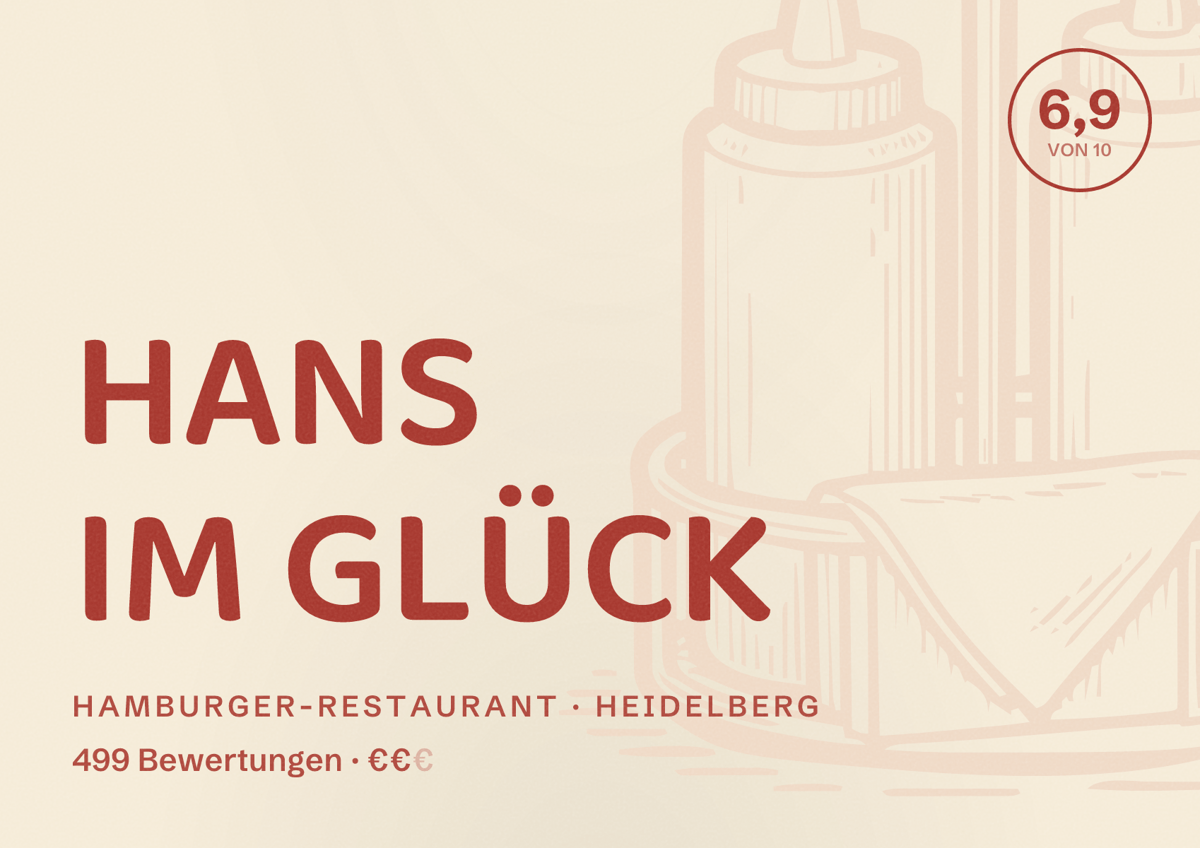 Illustriertes Poster von HANS IM GLÜCK, Hamburger-Restaurant in Heidelberg: Bewertung 6,9 von 10 aus 499 Bewertungen, Preisniveau €€