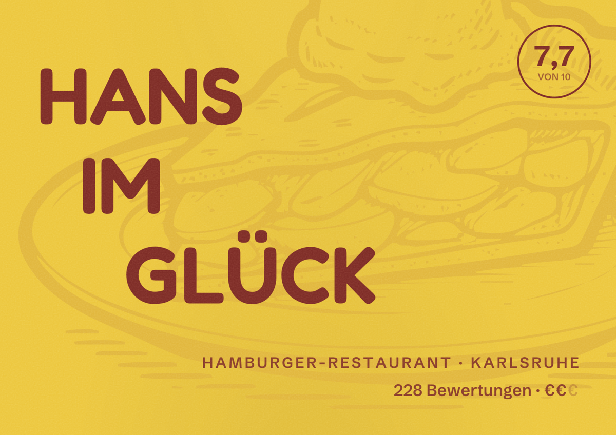 Illustriertes Poster von HANS IM GLÜCK, Hamburger-Restaurant in Karlsruhe: Bewertung 7,7 von 10 aus 228 Bewertungen, Preisniveau €€