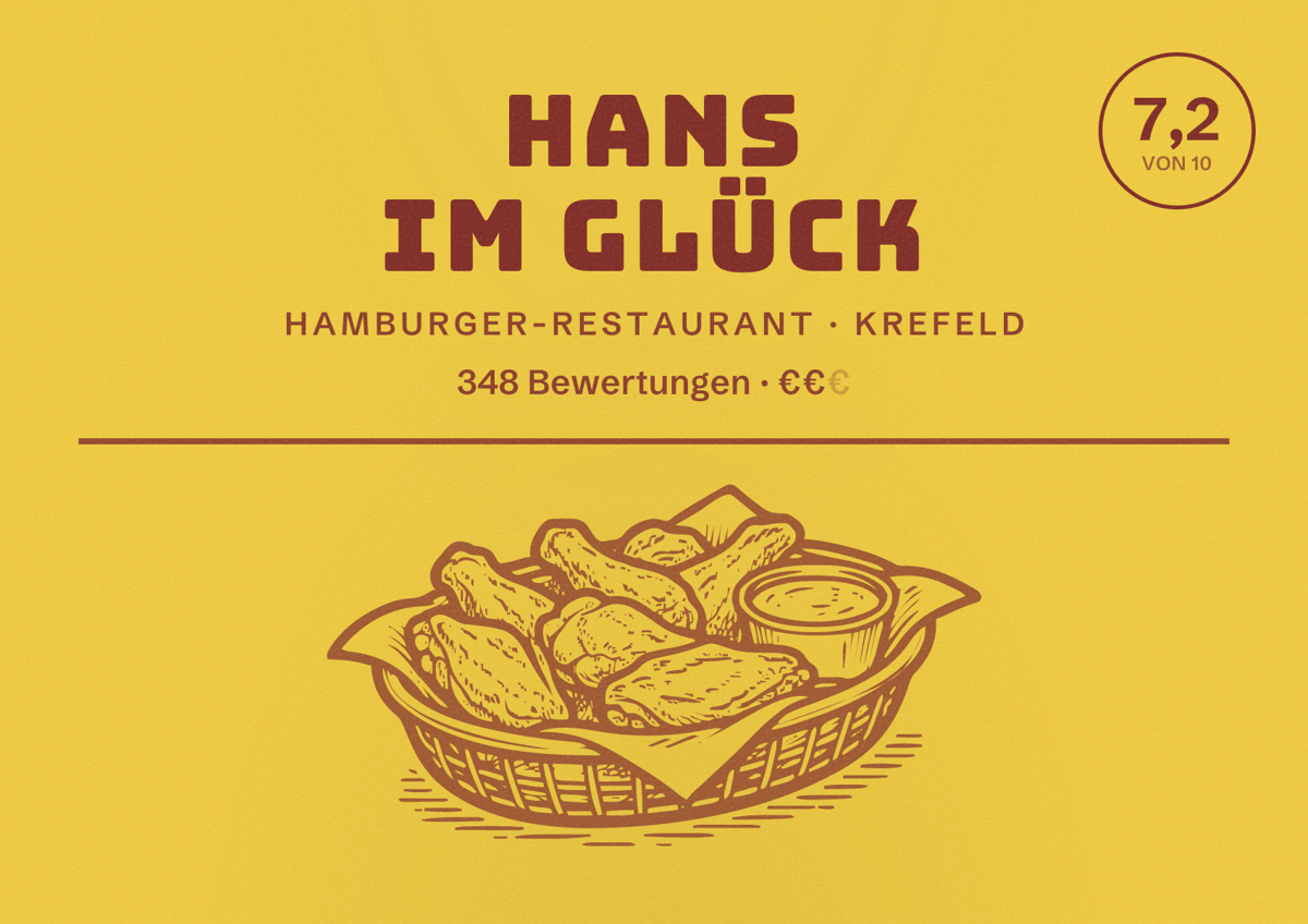 Illustriertes Poster von HANS IM GLÜCK, Hamburger-Restaurant in Krefeld: Bewertung 7,2 von 10 aus 348 Bewertungen, Preisniveau €€