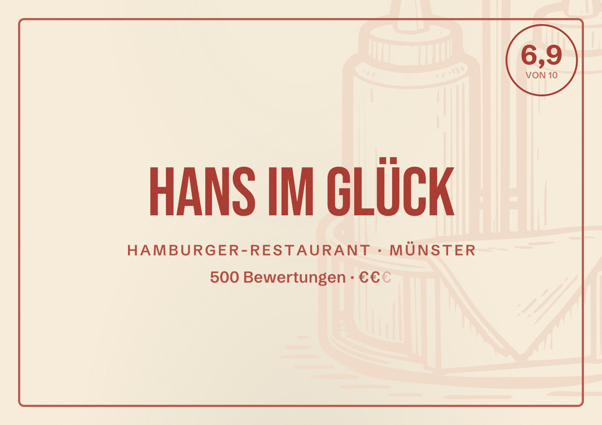 Illustriertes Poster von HANS IM GLÜCK, Hamburger-Restaurant in Münster: Bewertung 6,9 von 10 aus 500 Bewertungen, Preisniveau €€