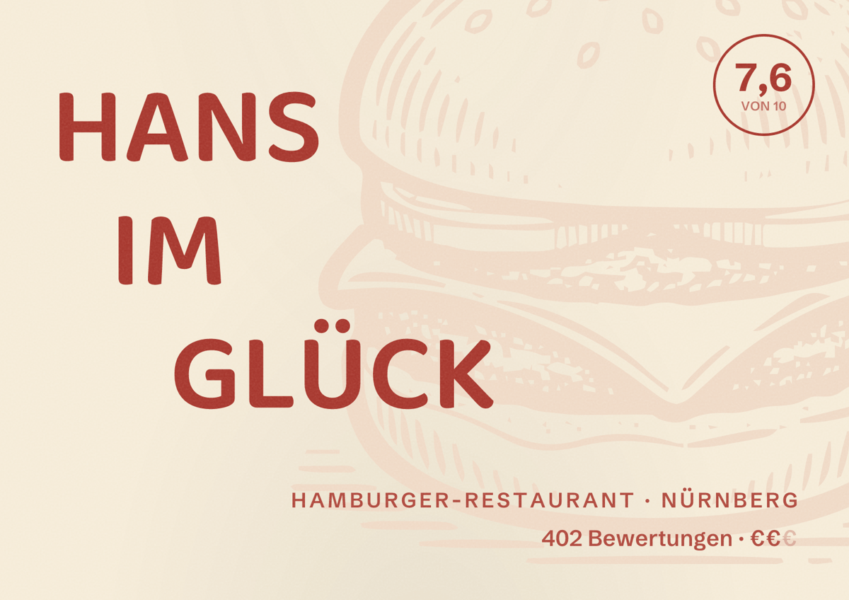 Illustriertes Poster von HANS IM GLÜCK, Hamburger-Restaurant in Nürnberg: Bewertung 7,6 von 10 aus 402 Bewertungen, Preisniveau €€